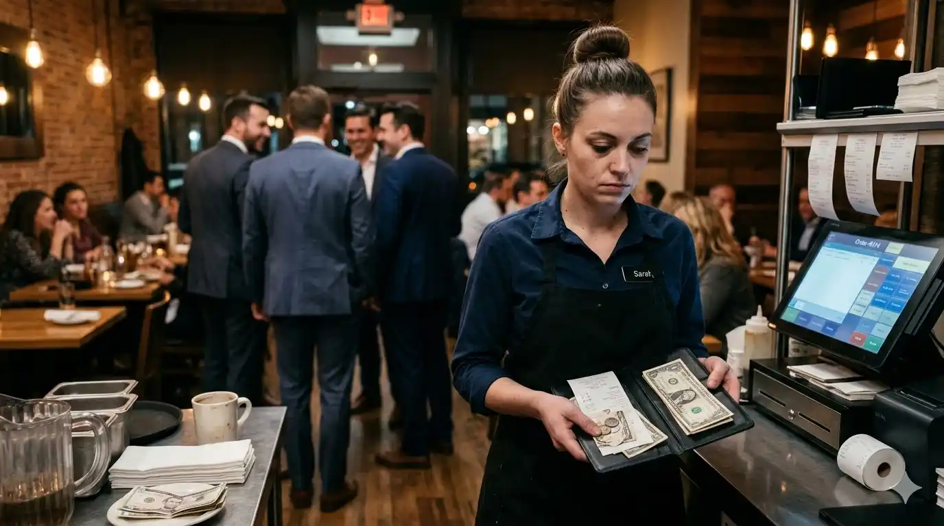 A single mom waitress opens a check presenter and realizes the tip is insultingly small after a long shift.