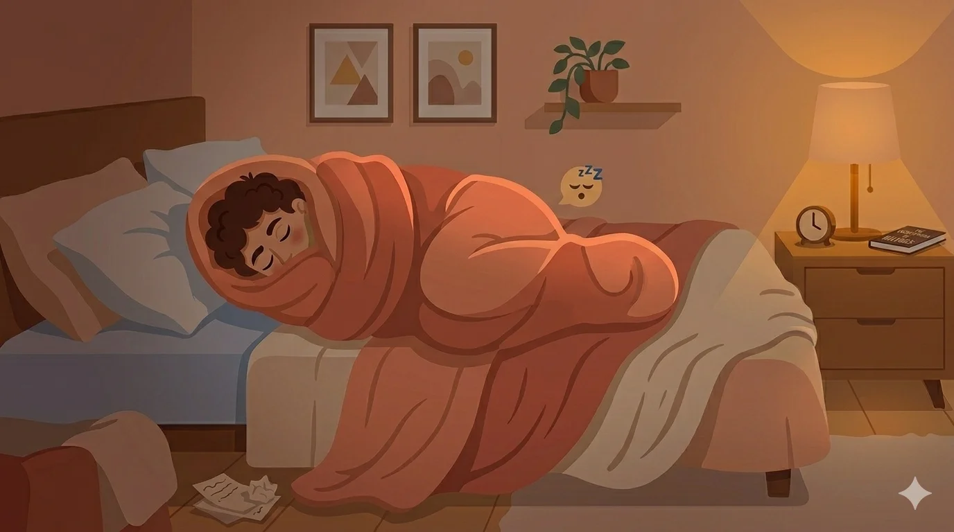 Person curled tightly in fetal position under blanket