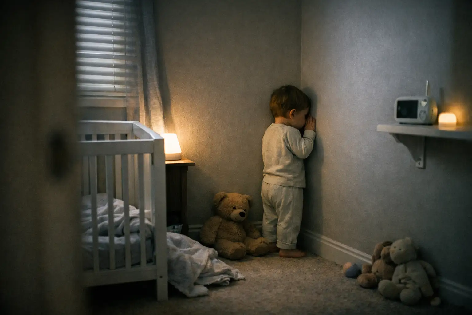 A toddler calmly pressing his face against a bedroom wall in the same corner as a concerned parent watches