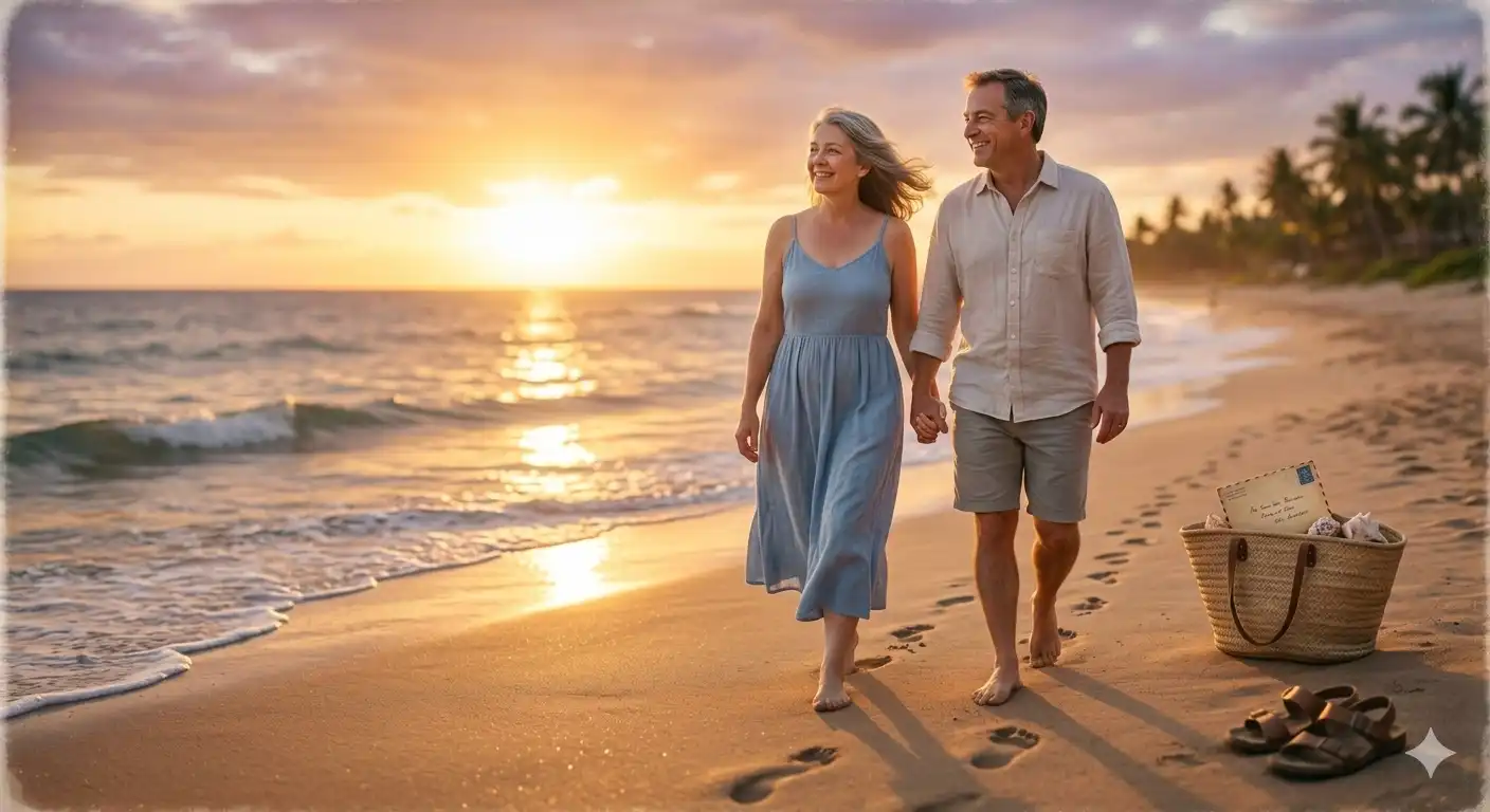 A couple walks along the beach at sunset, holding hands as the waves roll in, symbolizing a warm romantic memory.