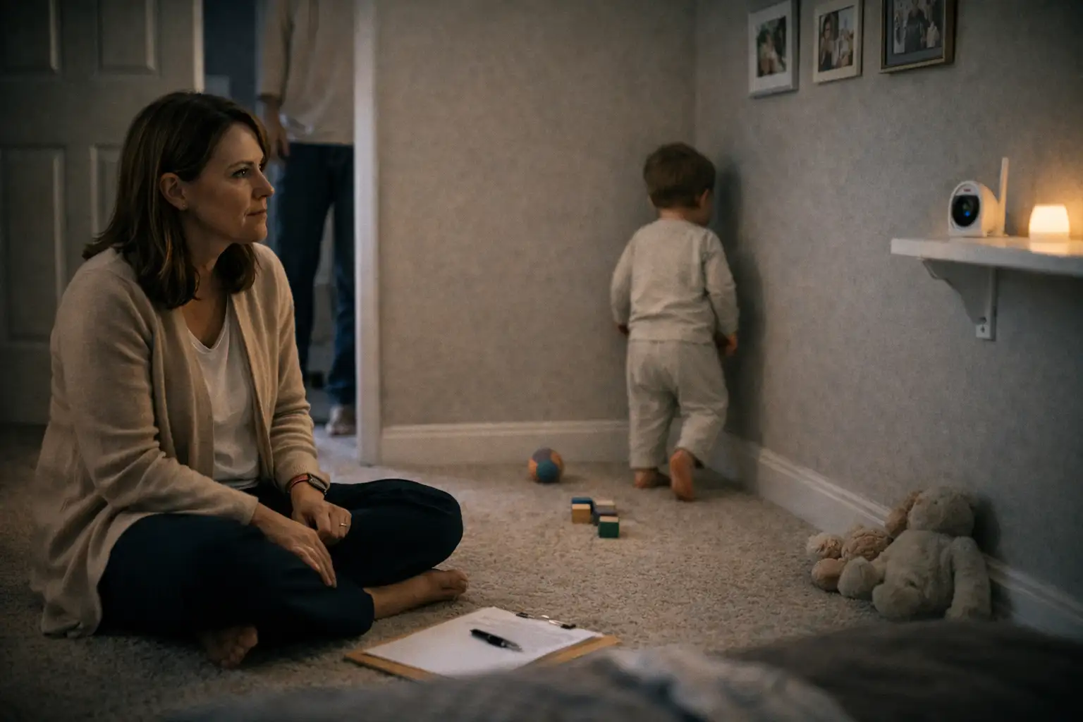 A child psychologist watching closely as a toddler walks to the same corner of the room, with a parent anxiously observing