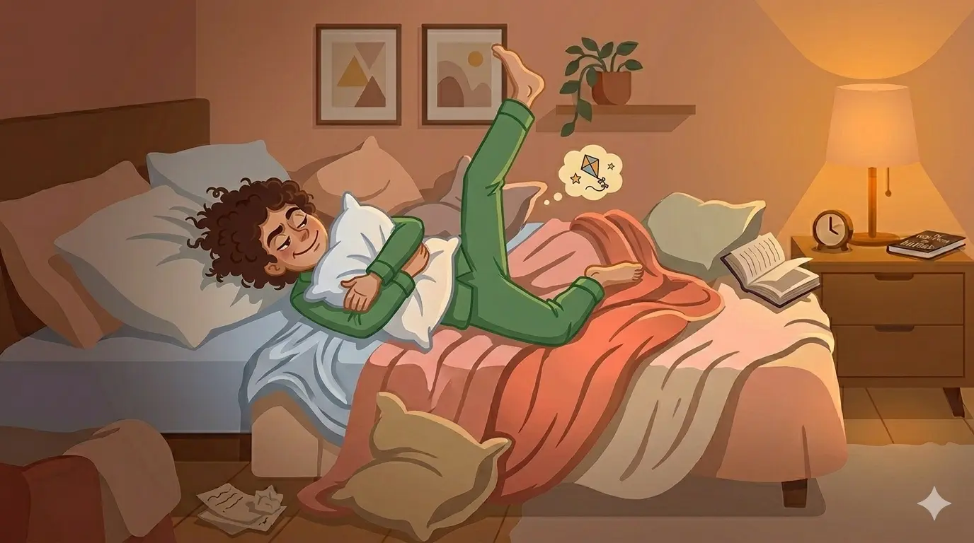 Person sleeping on side with one leg dramatically raised