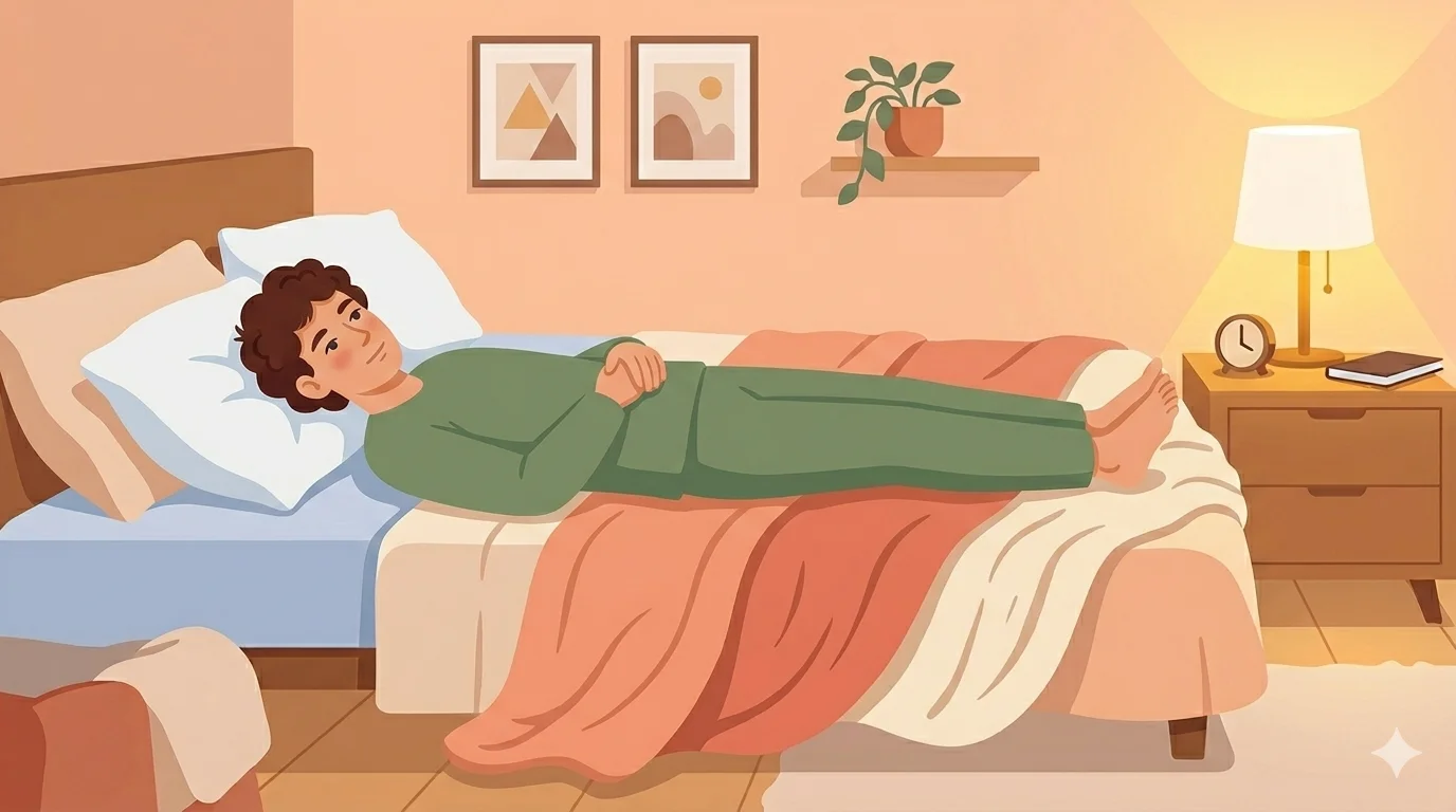 Person lying flat on back with arms neatly folded