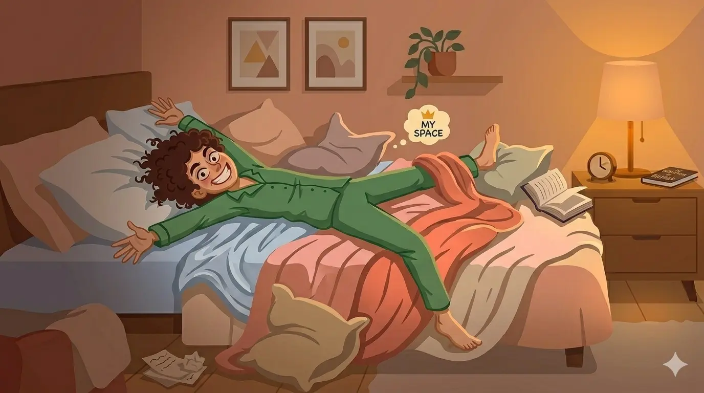 Person spread out across the bed arms and legs wide