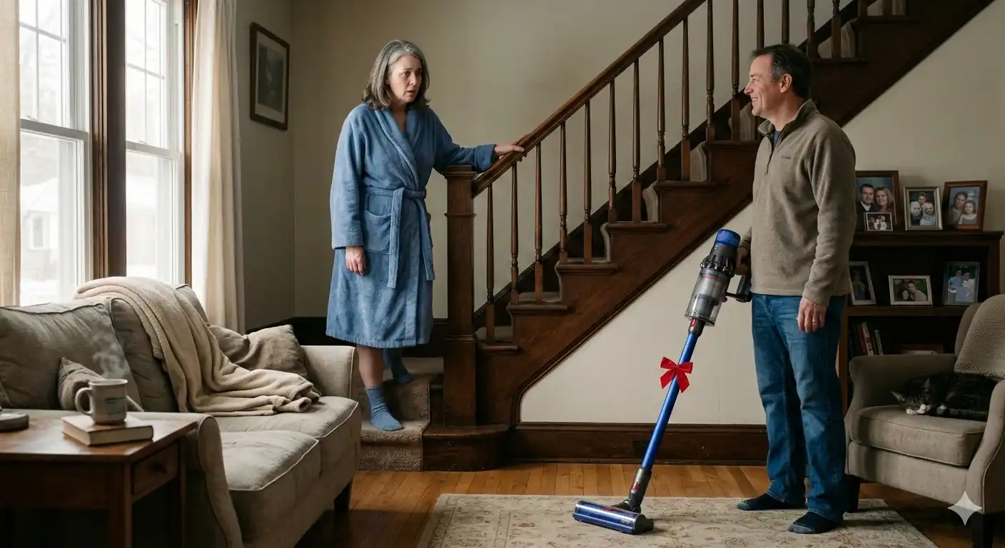 A woman in a robe pauses in shock as she sees a new vacuum cleaner placed in the middle of the living room.