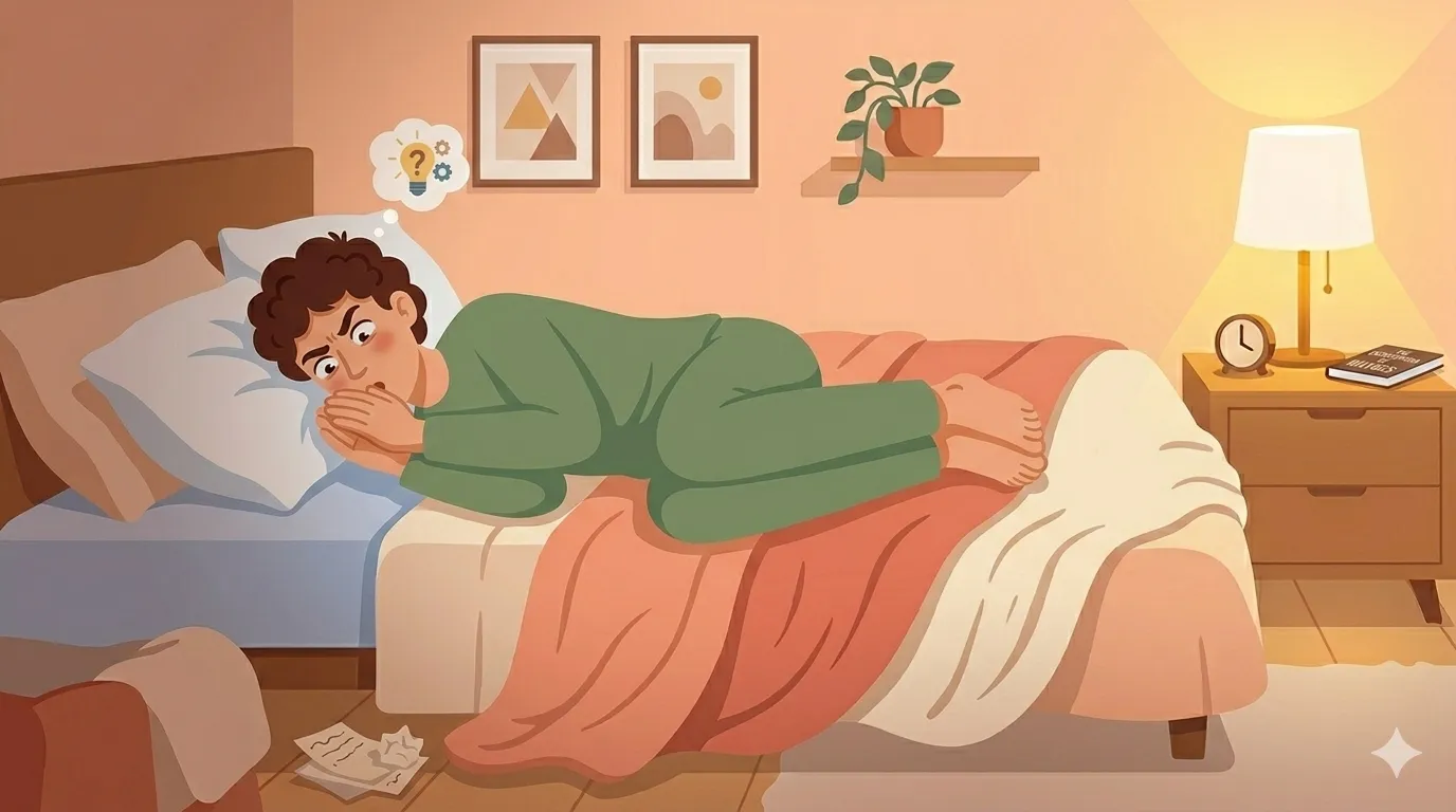 Person curled on side with hands near face thinking