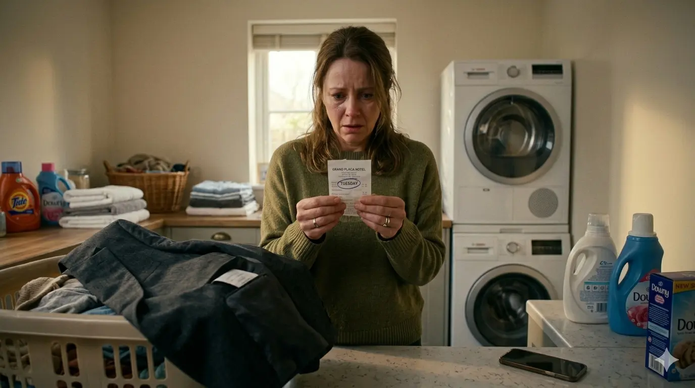 A woman holding a hotel receipt in a laundry room, frozen in suspicion after noticing the date Tuesday.