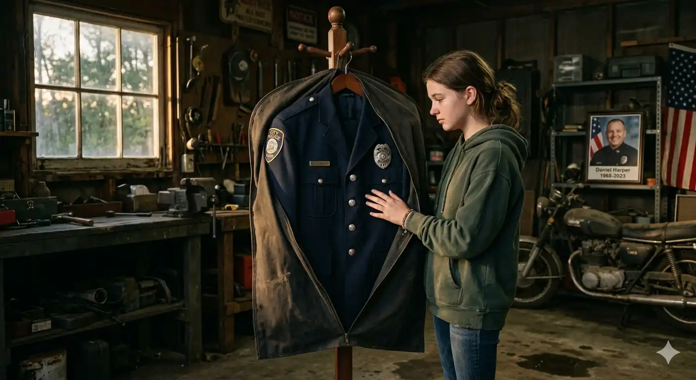A teenage girl looking at her father's police uniform in a garment bag