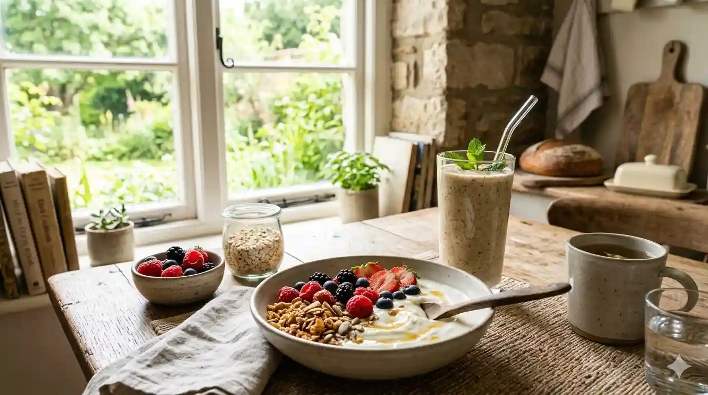 Healthy yogurt breakfast with fruits and cereal smoothie