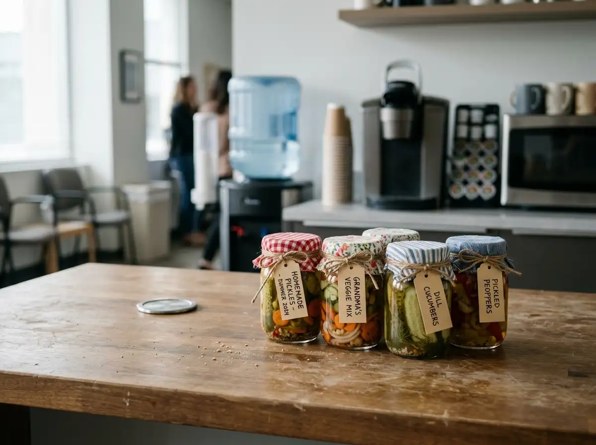 Abandoned jars of homemade pickled vegetables sitting on an office breakroom counter.