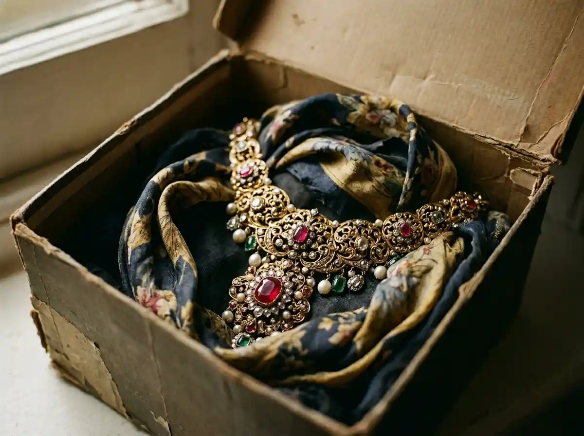 An ornate antique necklace resting inside a faded shoebox wrapped in a silk scarf