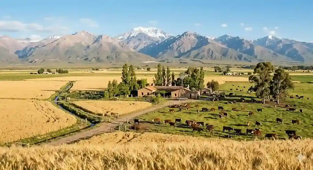 A peaceful agricultural farm at the base of the Andes mountains