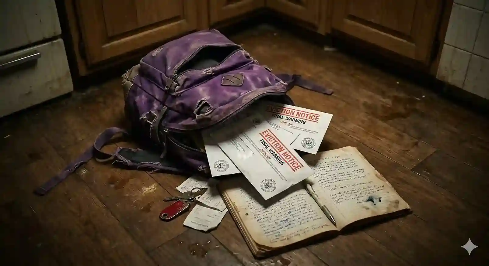 A tattered backpack with eviction notices spilling out