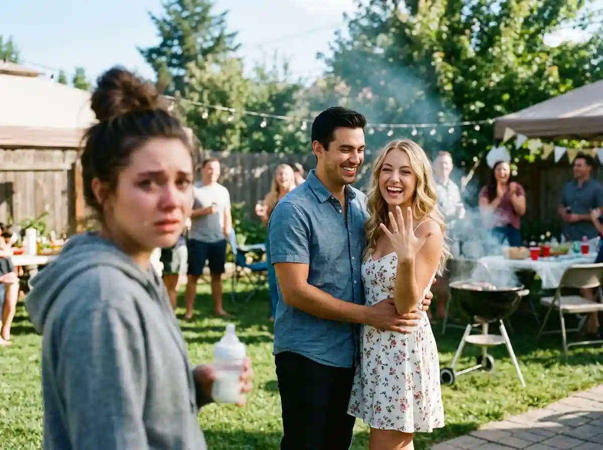 A couple showing off an engagement ring at a casual family barbecue