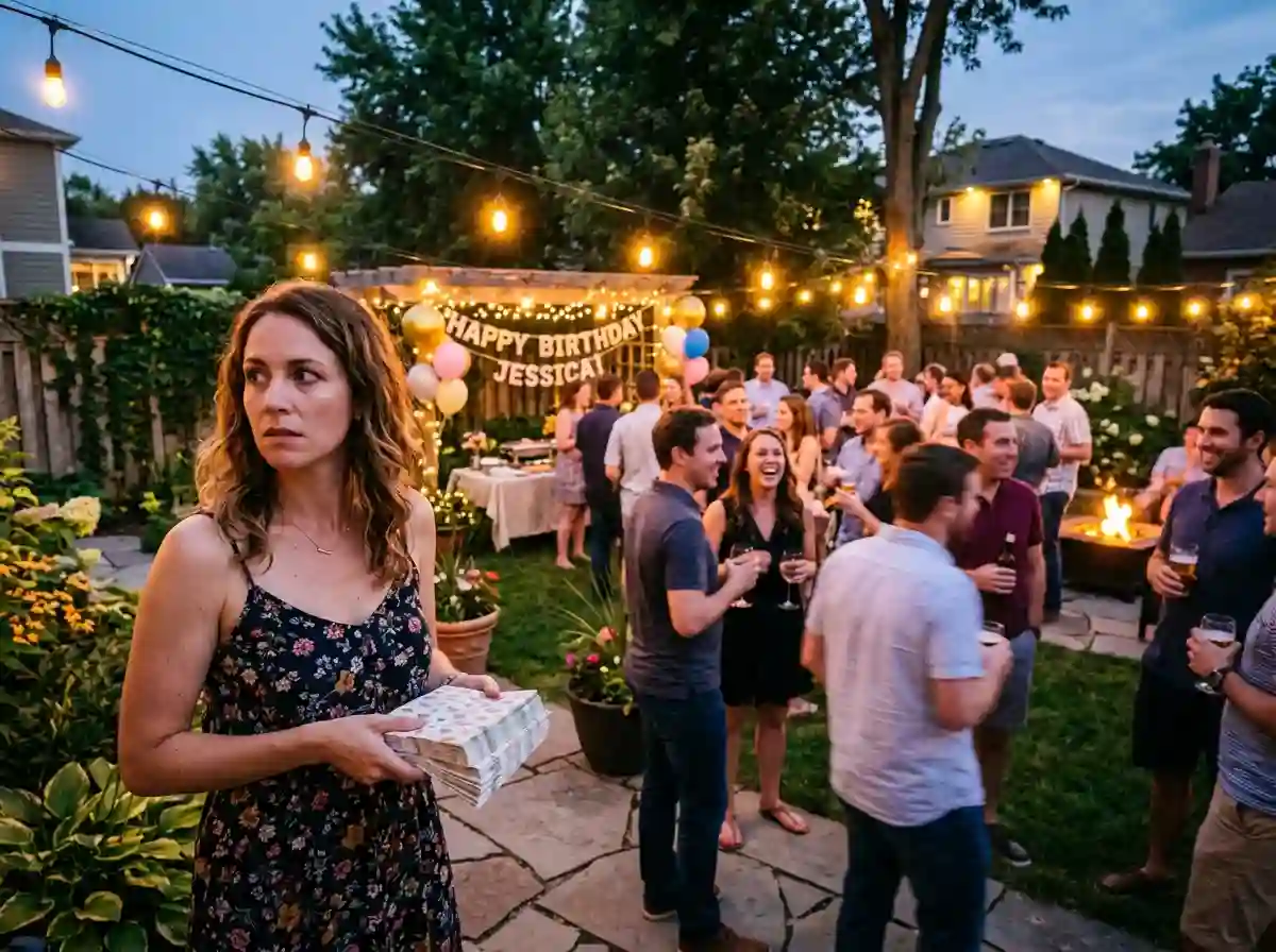 A lively backyard birthday party illuminated by warm string lights at dusk