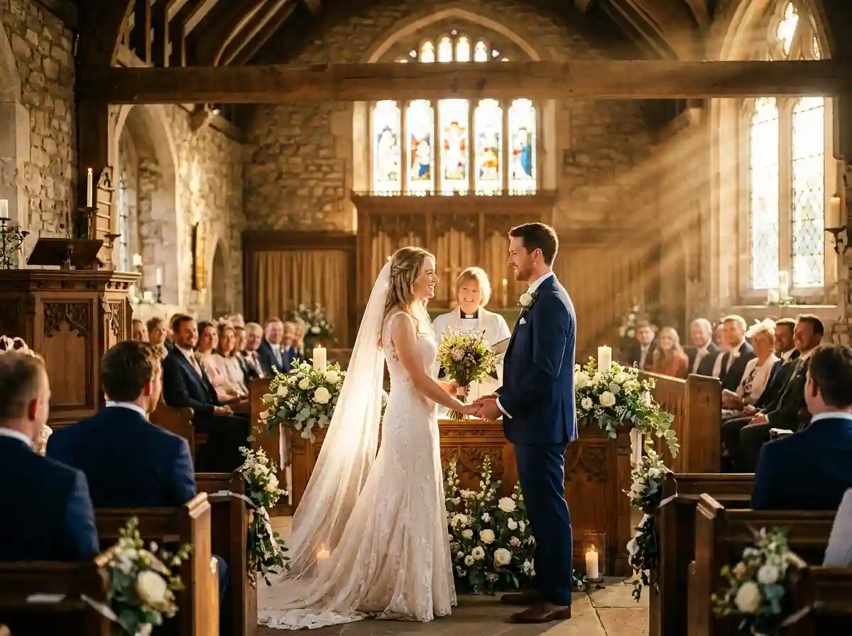 A warm, brightly lit chapel where a couple stands at the altar.
