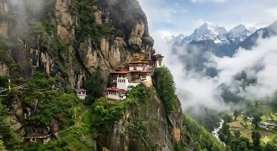 An isolated Buddhist monastery on a peaceful Himalayan cliff