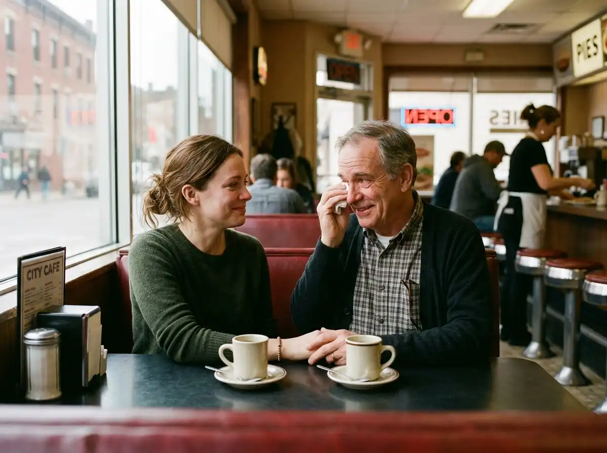 A woman meeting her kind-faced biological father in a diner for the first time