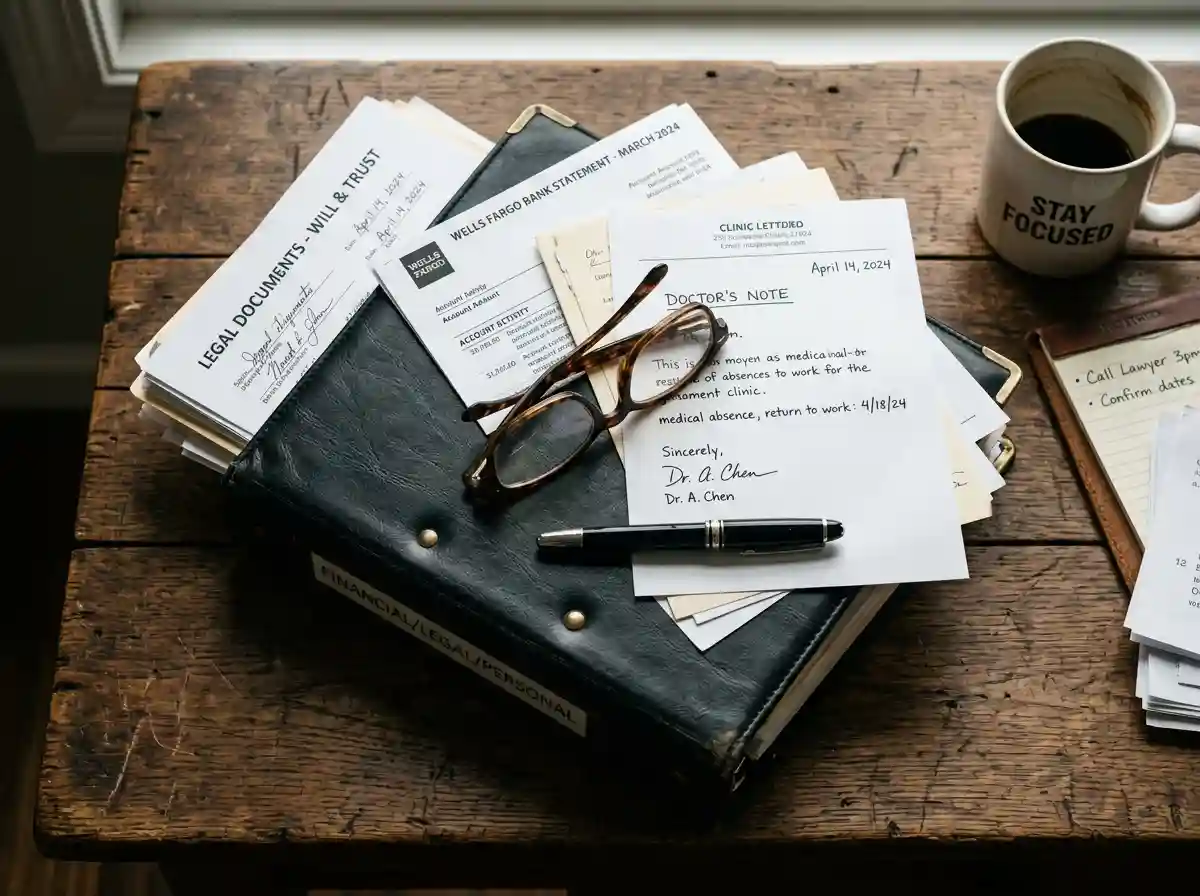 Thick black binder filled with legal and financial documents on a table
