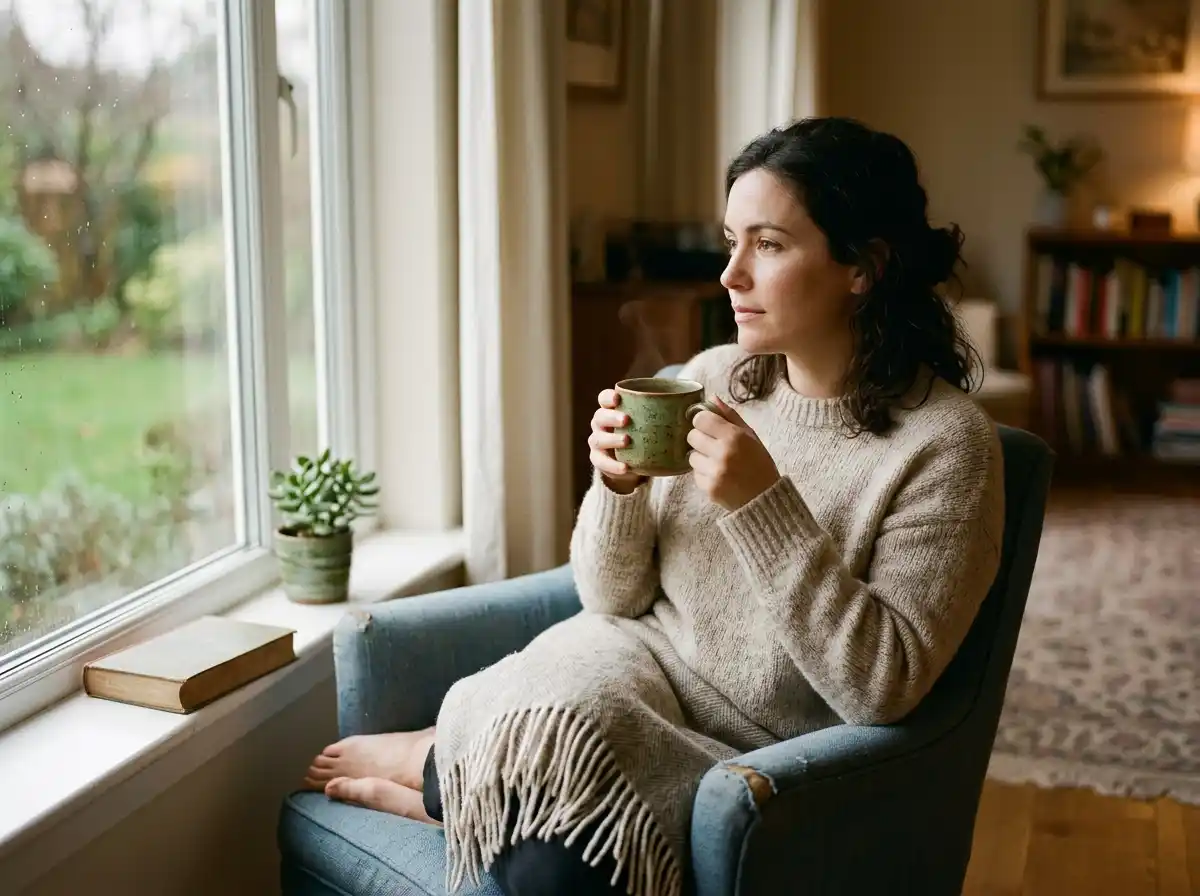 A person looking thoughtfully out a window, representing body awareness