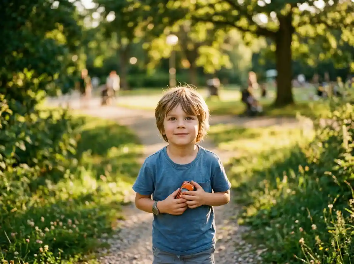 A young boy looking up with affection and recognition