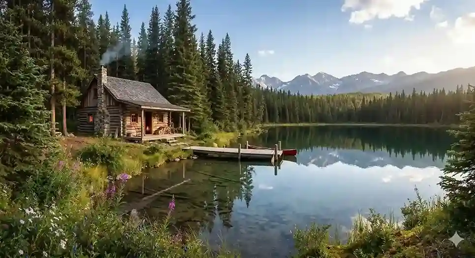 A cozy cabin next to a clear lake deep in the Canadian wilderness