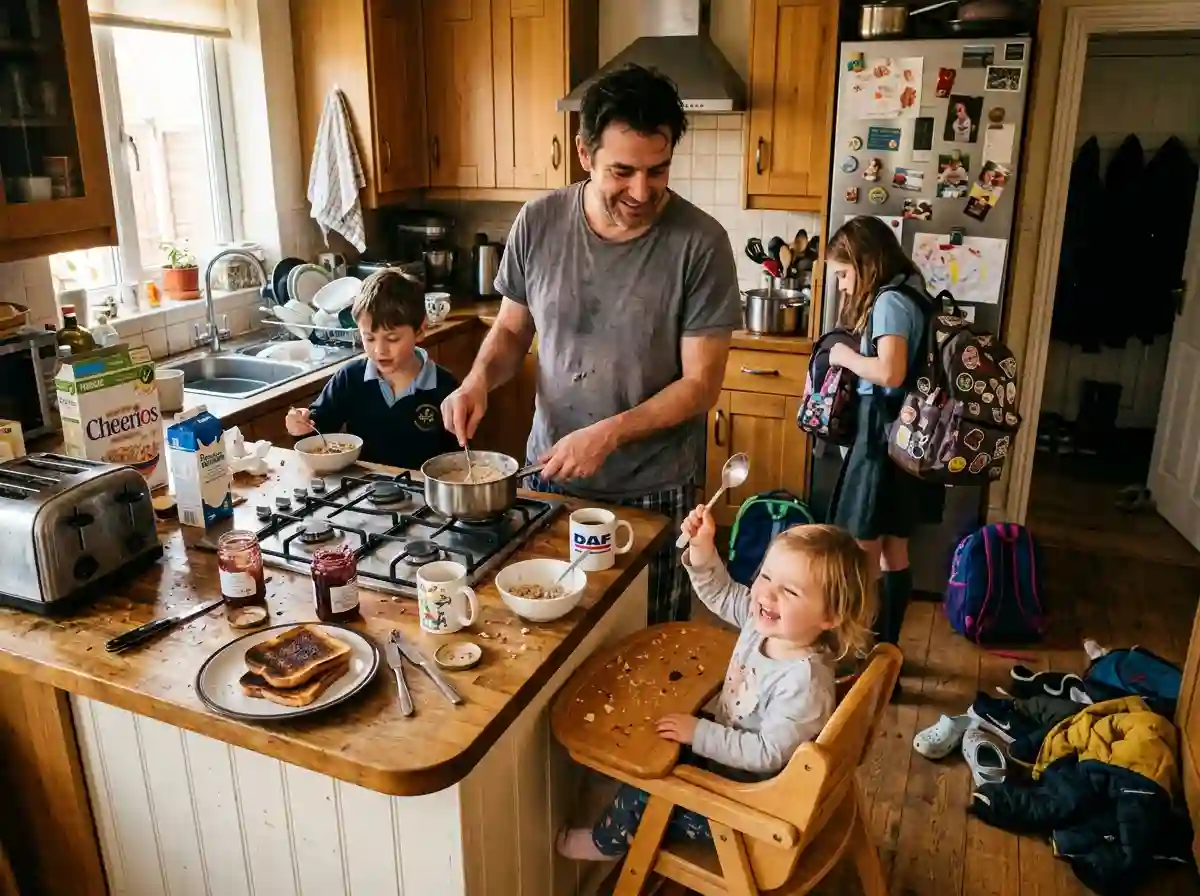 A caring father managing a chaotic morning breakfast with multiple children