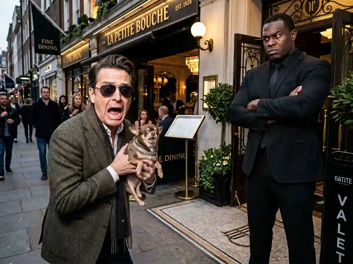 A shocked man with dark glasses holding a tiny Chihuahua in front of an unamused bouncer