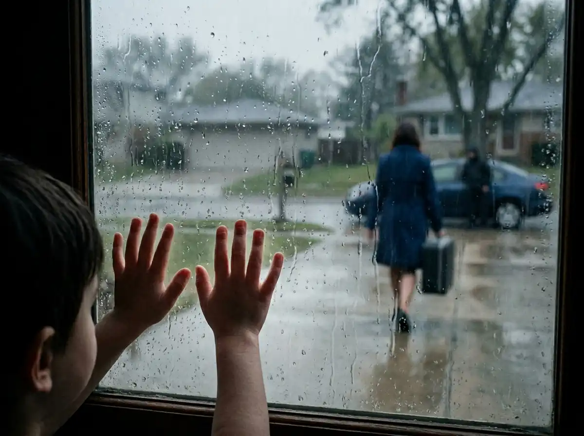 A child looking out a window at a mother leaving