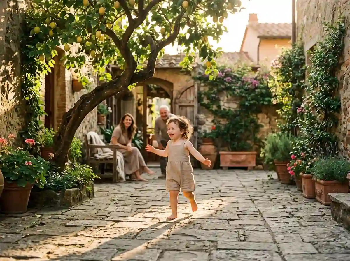 A toddler playing happily in a courtyard beneath a large lemon tree