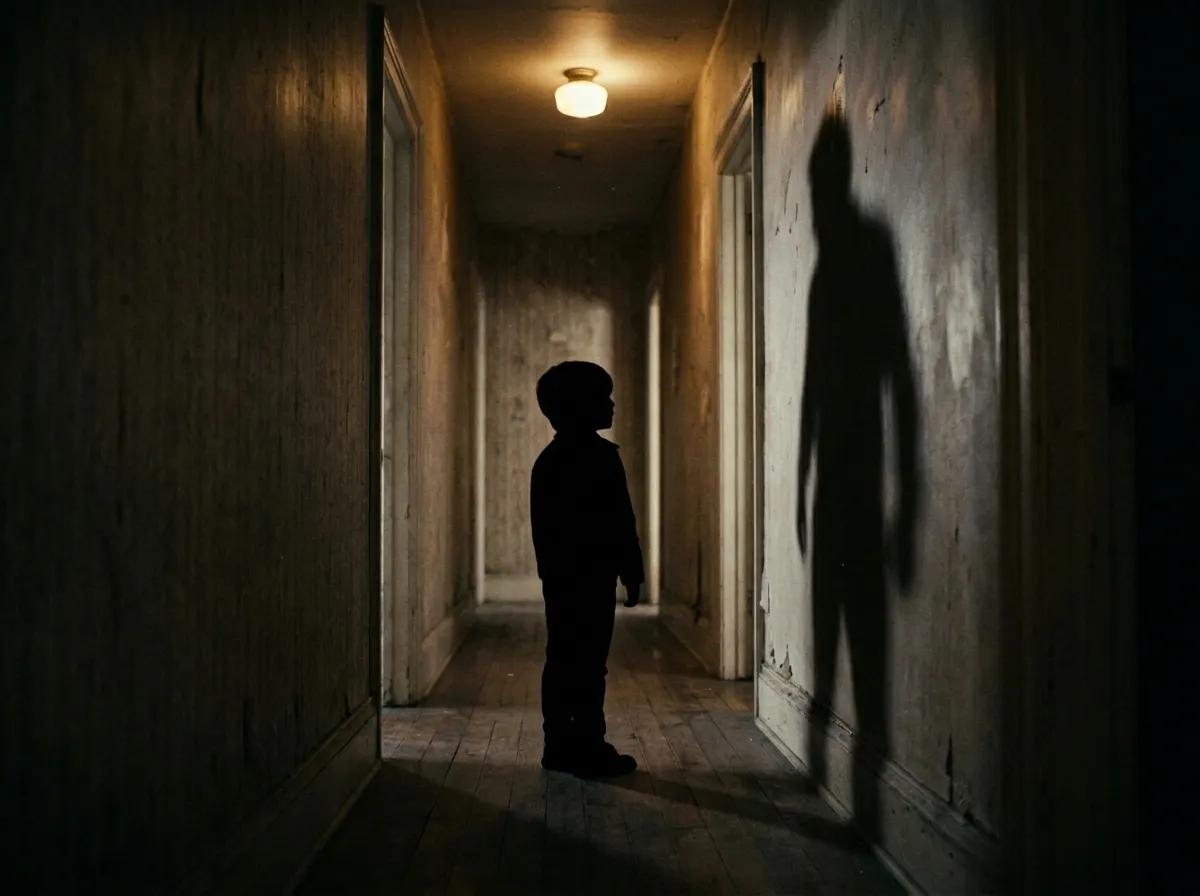 Child silhouette standing in the looming shadow of an adult