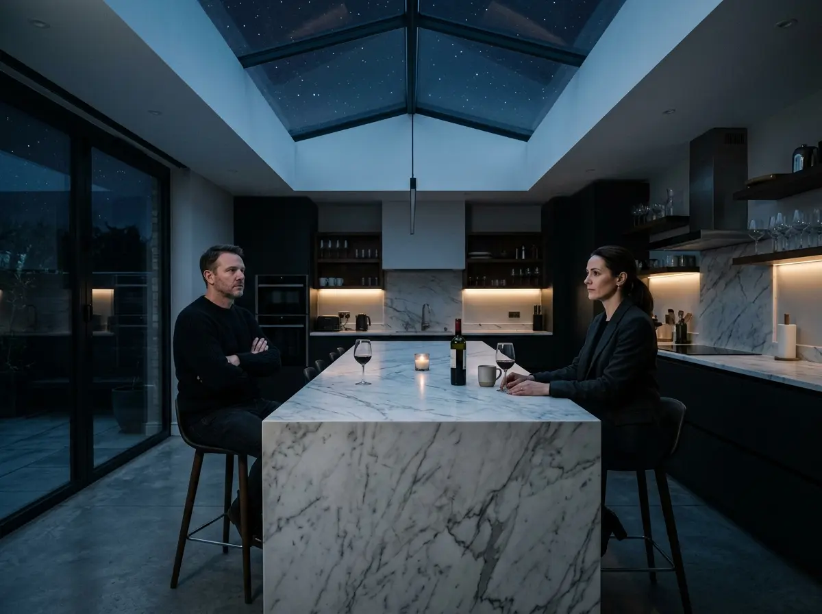 A cold, modern kitchen at night with a large skylight