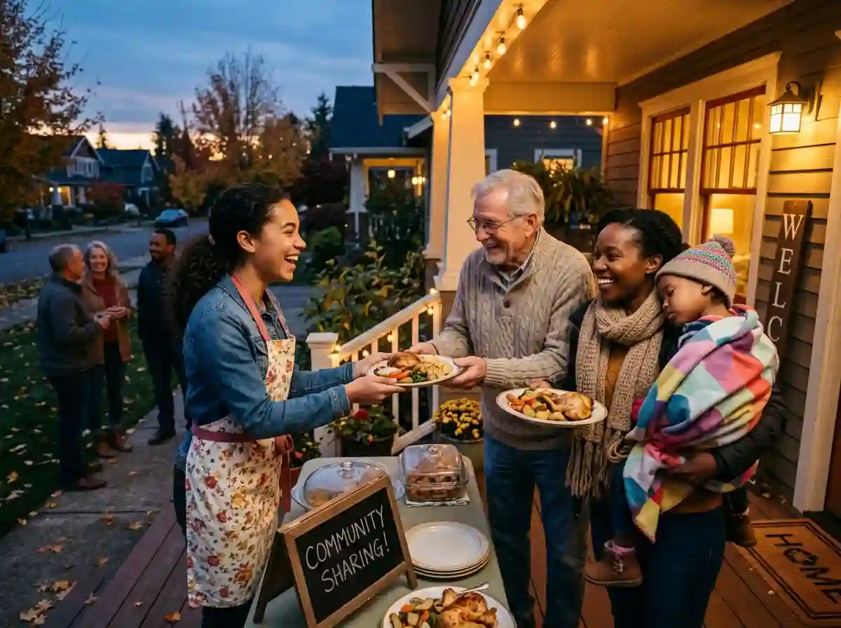 Emily serving food to grateful neighbors on her porch