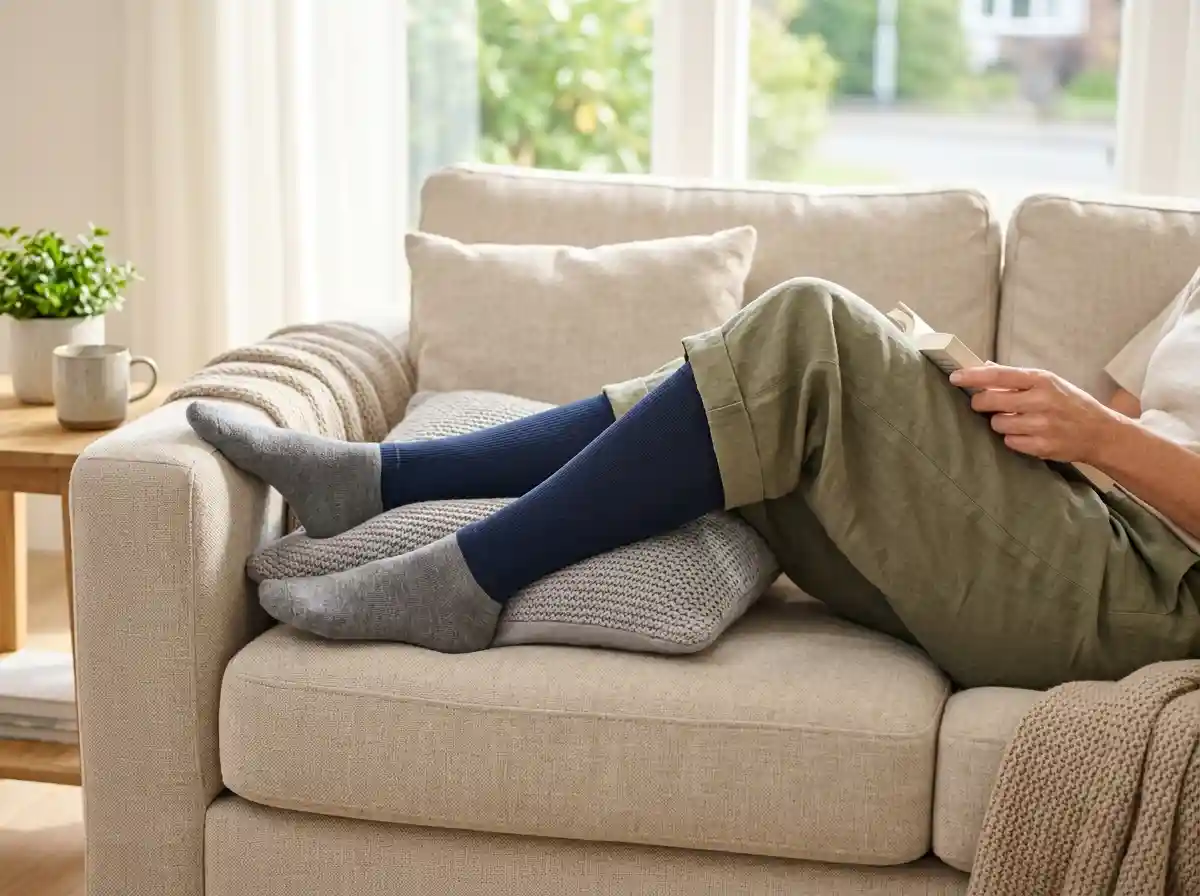 A person relaxing on a sofa with their legs elevated while wearing compression stockings.