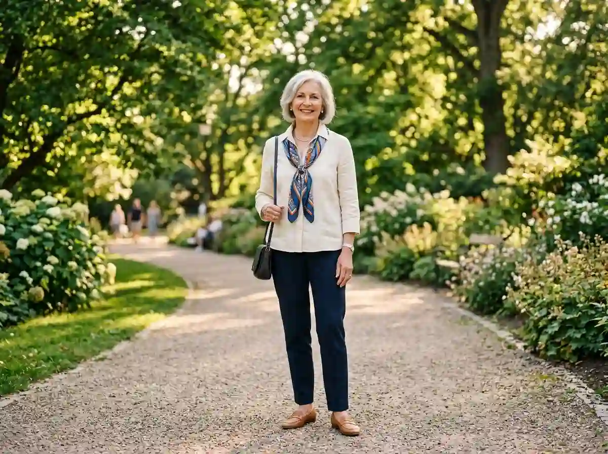 An elegant older woman standing tall in a sunlit park, exuding quiet confidence.