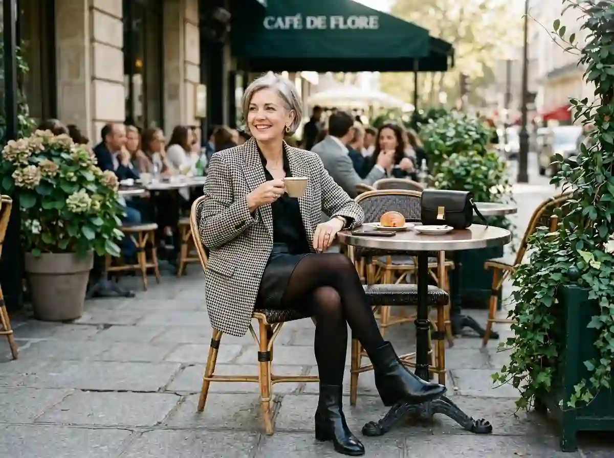 A confident woman in her 50s wearing a chic A-line miniskirt and a flowing blouse on a city street.