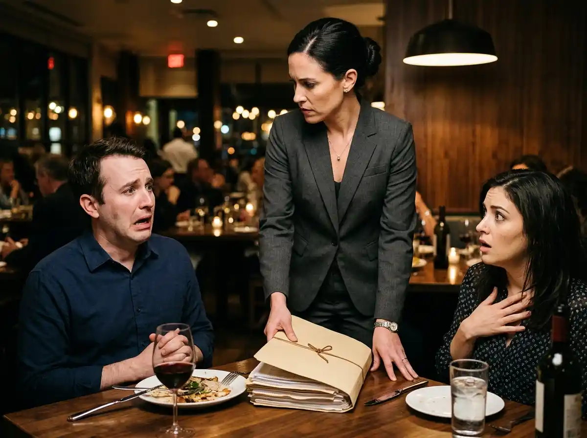 A woman in a business suit slams a folder down on a restaurant table in front of a shocked couple