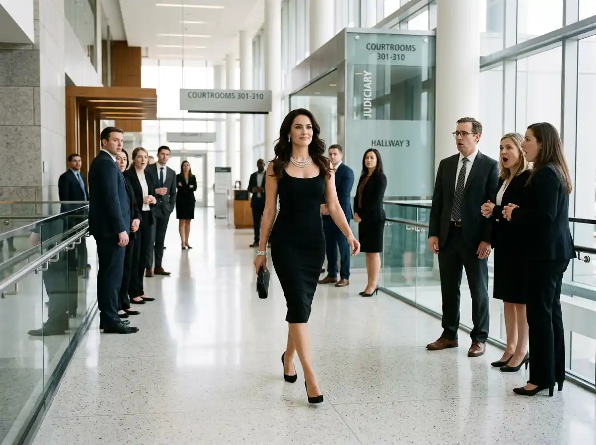 Elegant woman entering a courthouse wearing diamonds