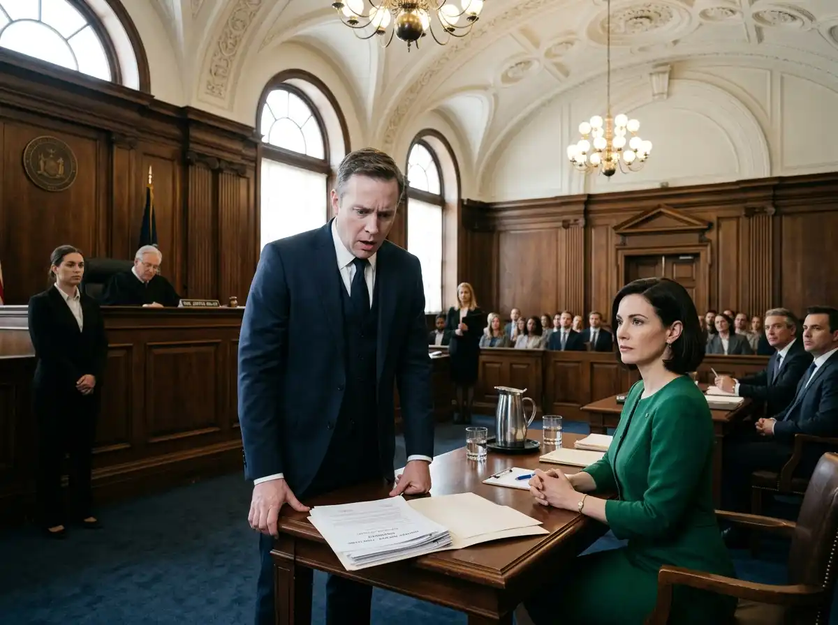 A man in a suit looking stunned in a courtroom