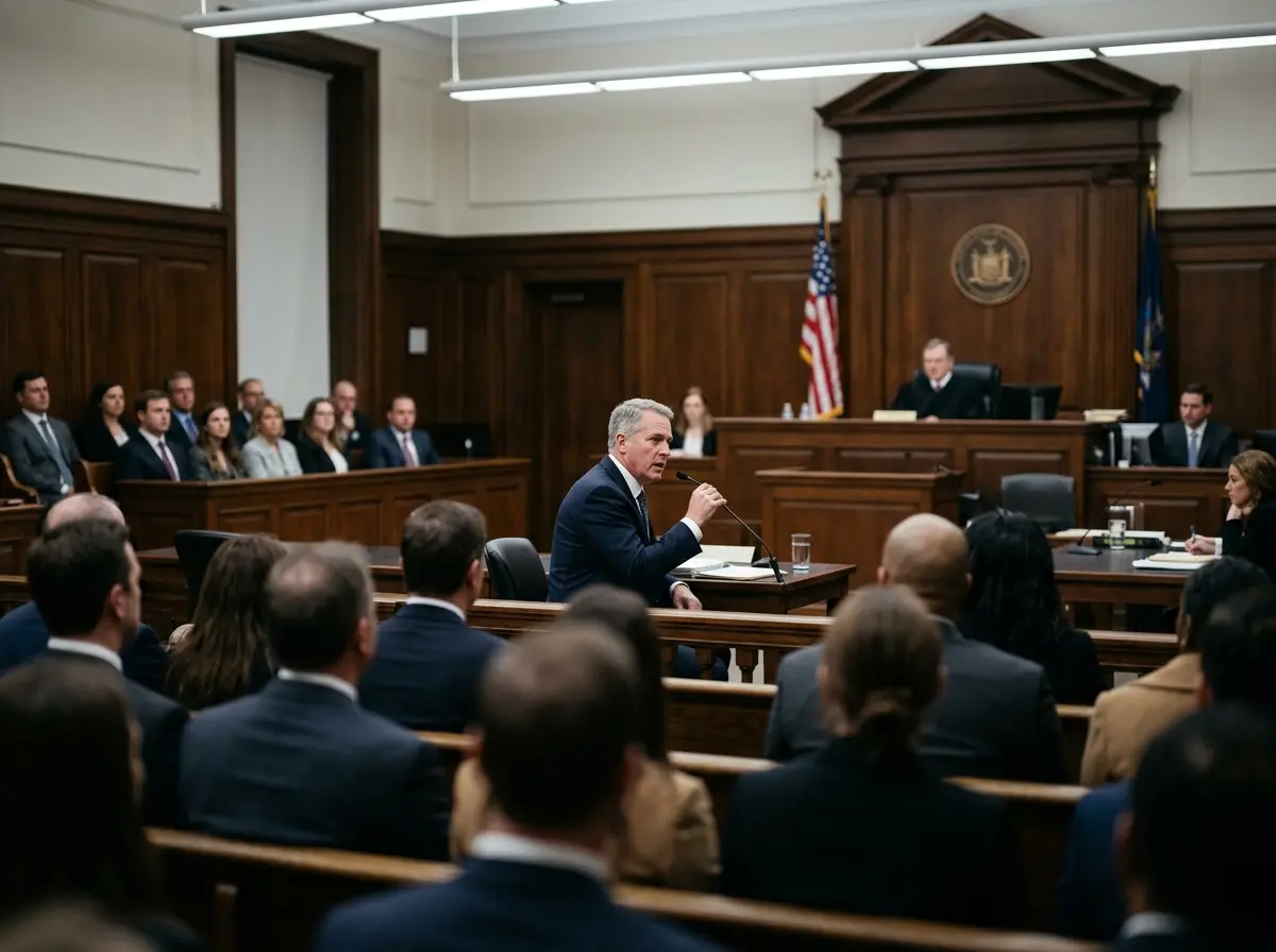 Man testifying firmly at a witness stand in a courtroom