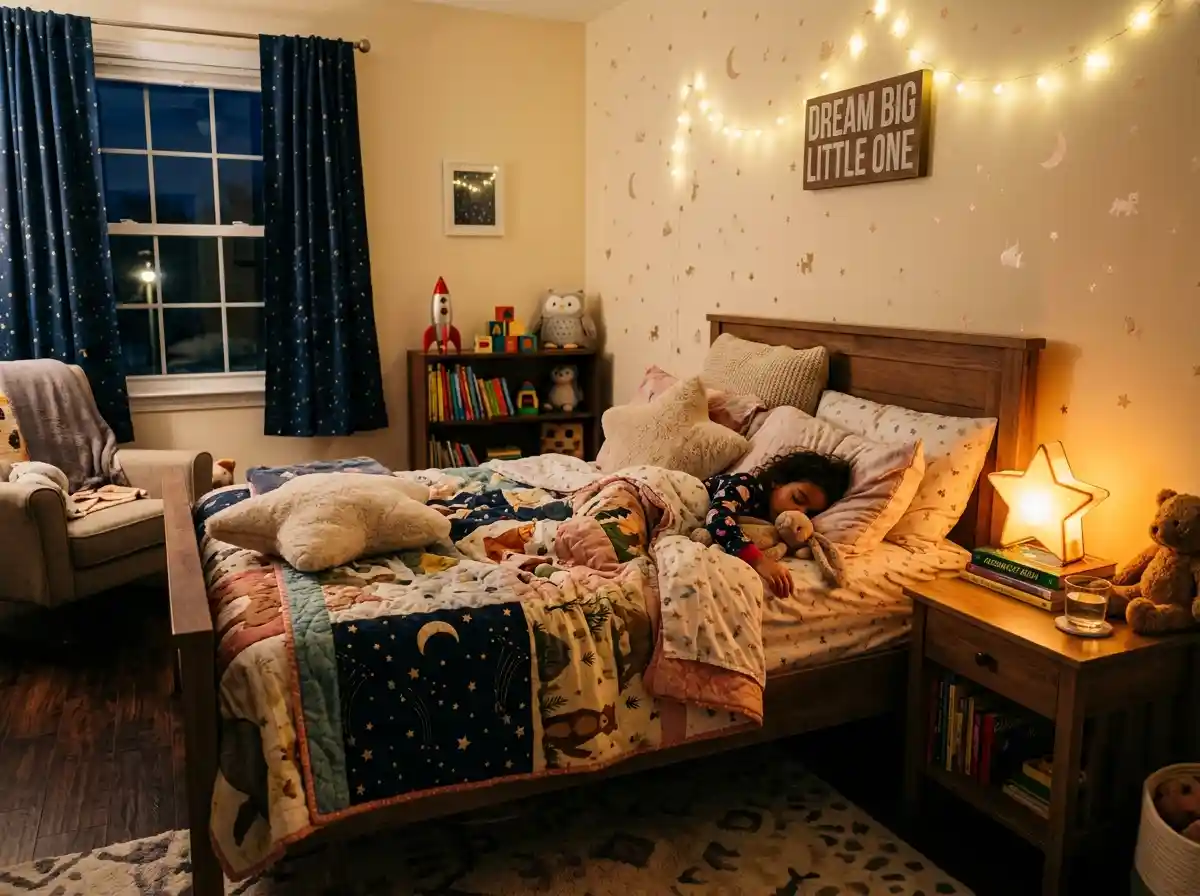 A cozy and warm child's bedroom at night with a glowing star nightlight