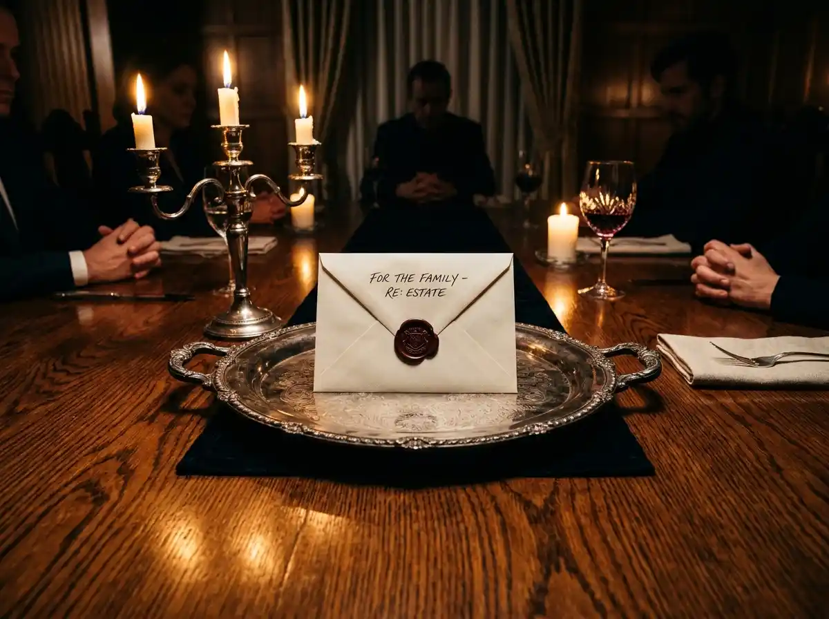 An envelope on a silver platter in a formal dining room