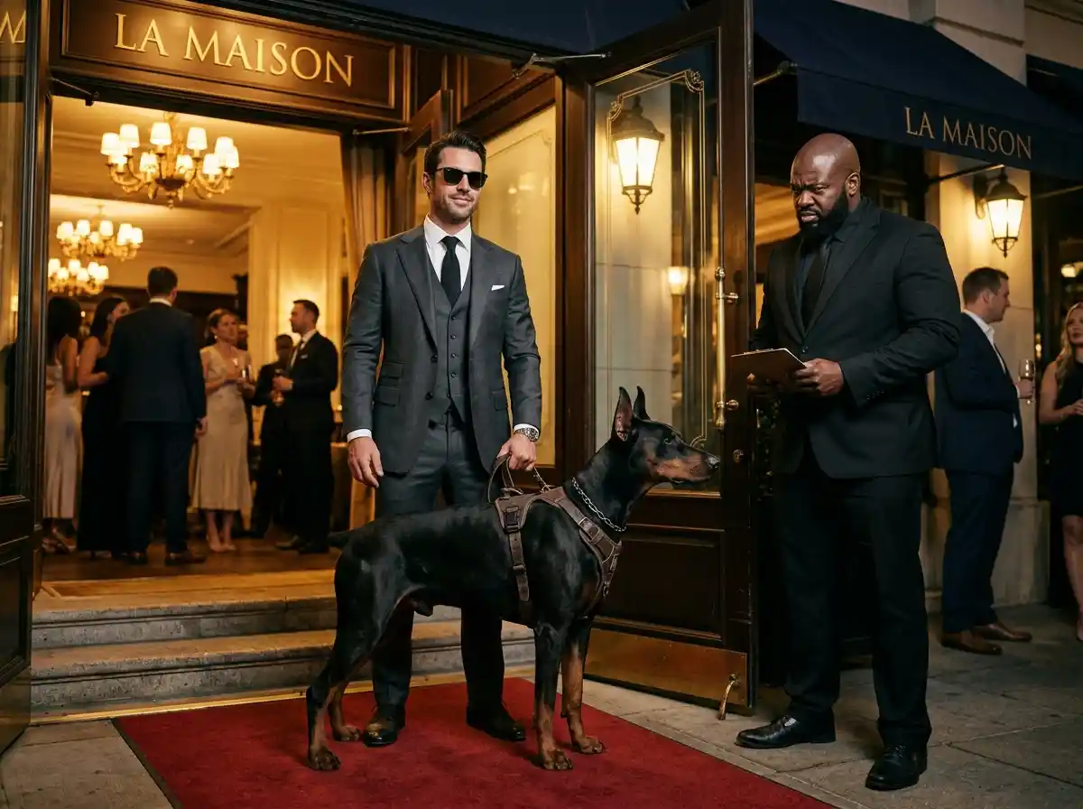 A confident man with dark sunglasses holding the harness of a fierce Doberman Pinscher in front of a fancy restaurant