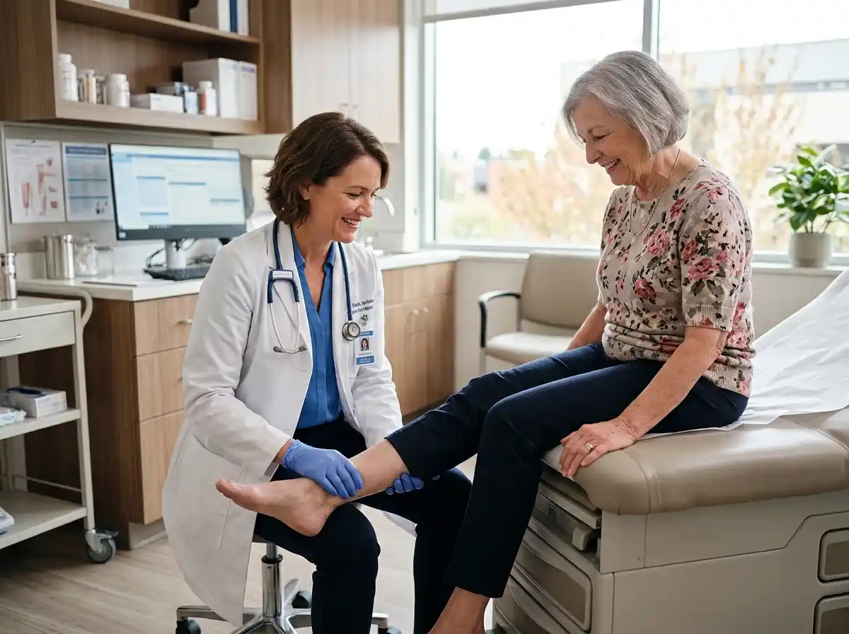 A caring doctor gently examining the lower leg of an older patient in a clinic.