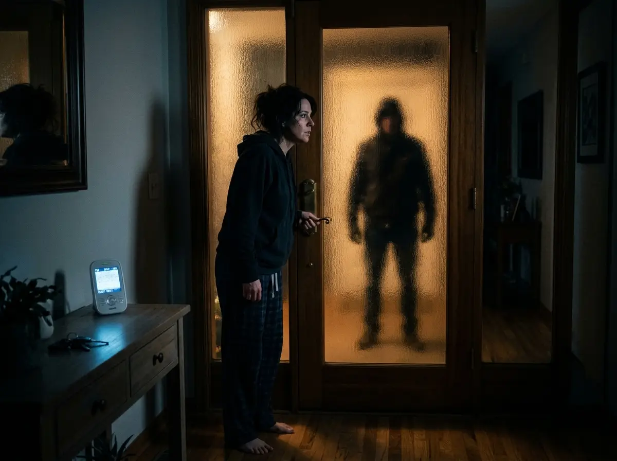 Silhouette of a person standing outside a front door at night