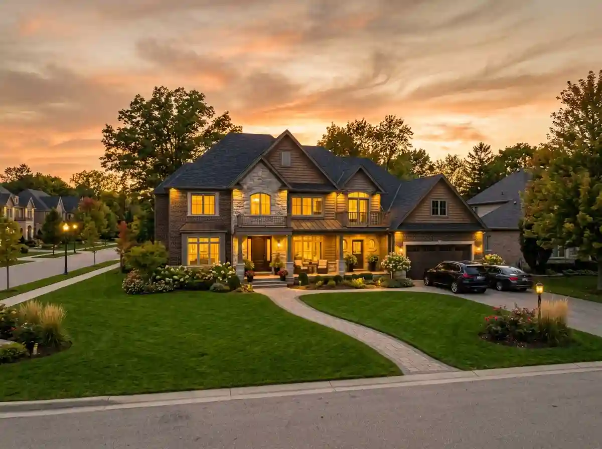 A beautiful five-bedroom suburban home at sunset with glowing windows