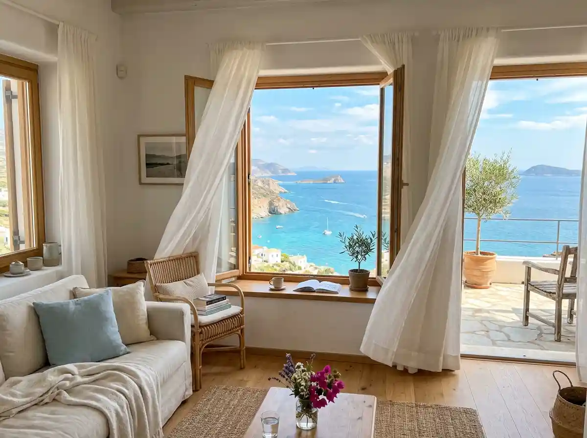 Sunlit living room with an open window looking out at the Mediterranean sea
