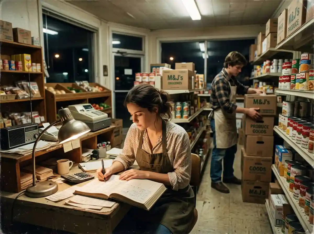 Young couple working late in a modest grocery store
