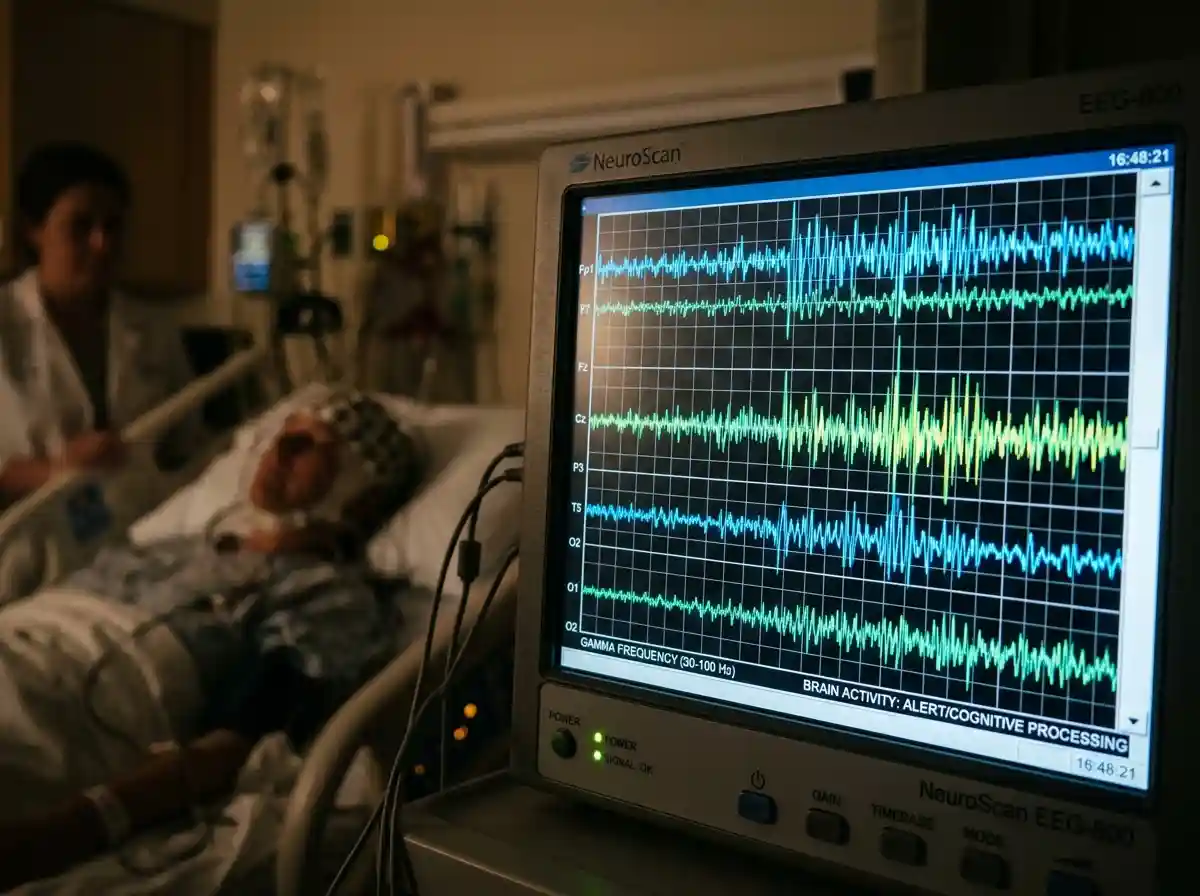 Close-up of a hospital EEG monitor displaying active brainwave spikes