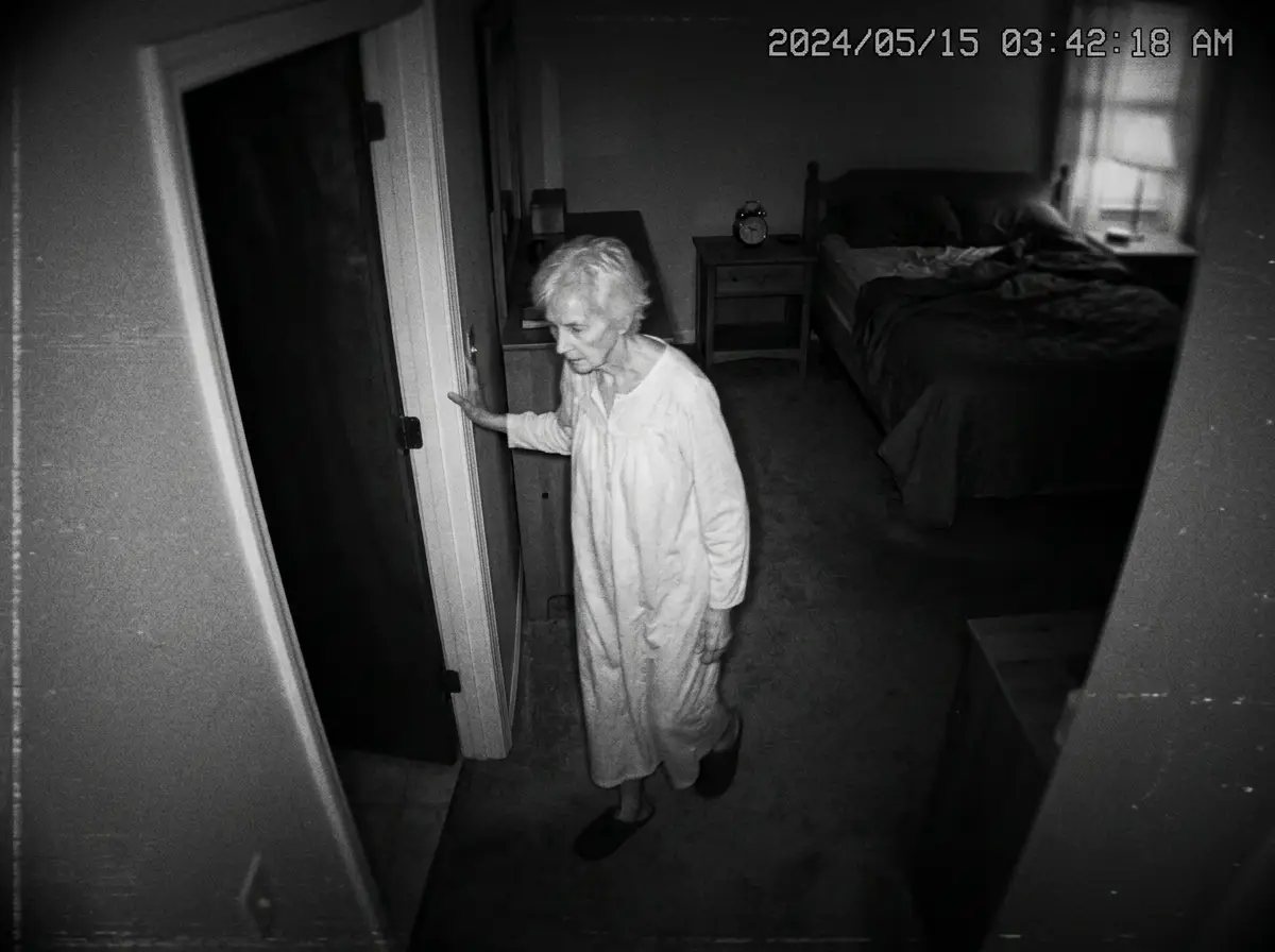 Security camera view of an elderly woman entering a bedroom